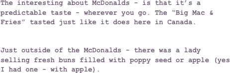 The interesting about McDonalds - is that it’s a predictable taste - wherever you go. The “Big Mac & Fries” tasted just like it does here in Canada.


Just outside of the McDonalds - there was a lady selling fresh buns filled with poppy seed or apple (yes I had one - with apple). 